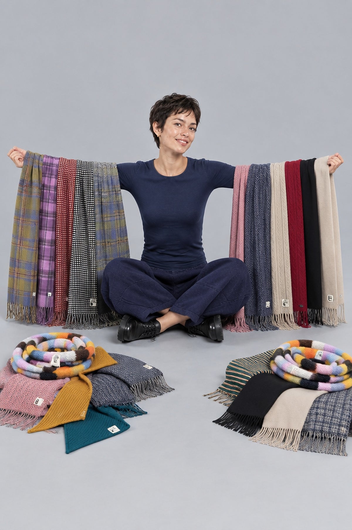 Collection Bobotag : écharpes en piles et portées par Emilie