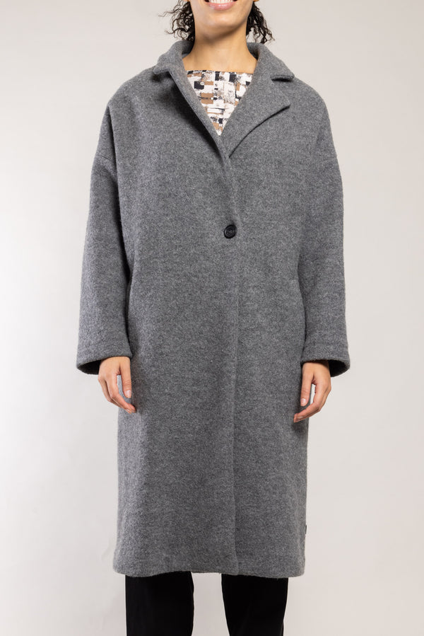 Manteau Narva laine bouclette granit Elemente Clemente, col tailleur et boutonnage croisé, vue de face