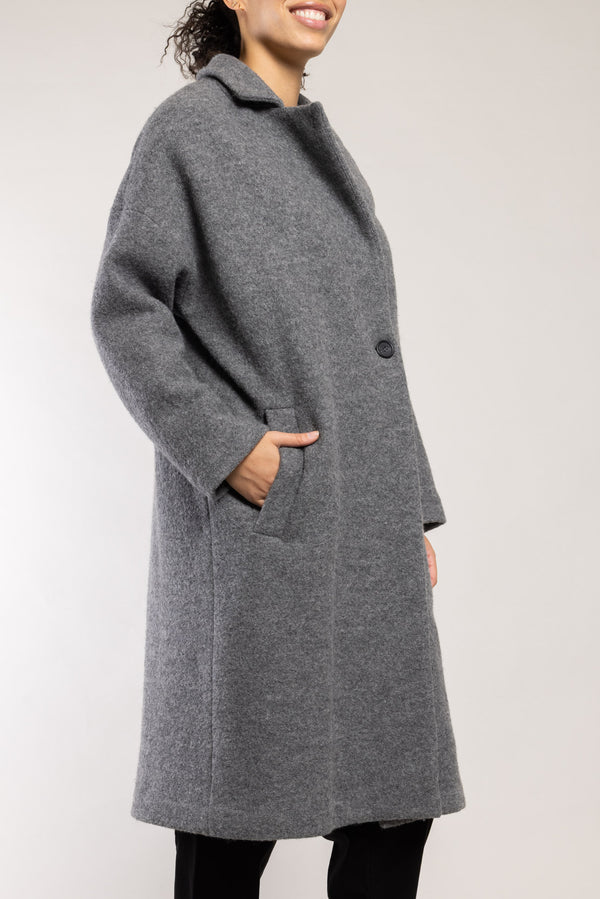 Manteau Narva laine bouclette granit Elemente Clemente, poches passepoilées vue de trois quarts