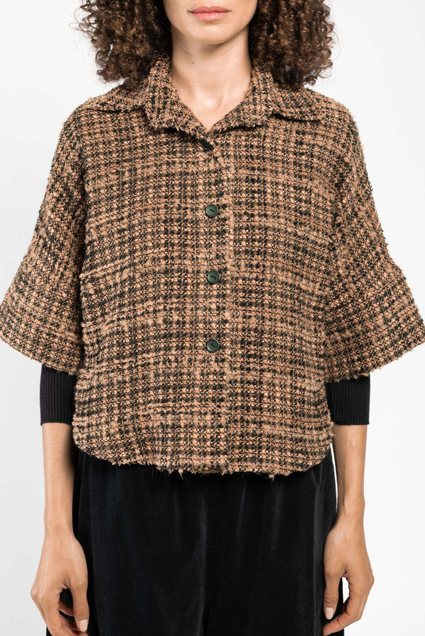 Paletot Paty tweed bouclette marron a.osher, col chemise et quatre boutons, vue de face