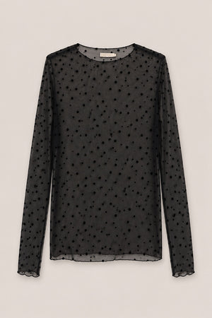 Top transparent à pois floqués noir à plat