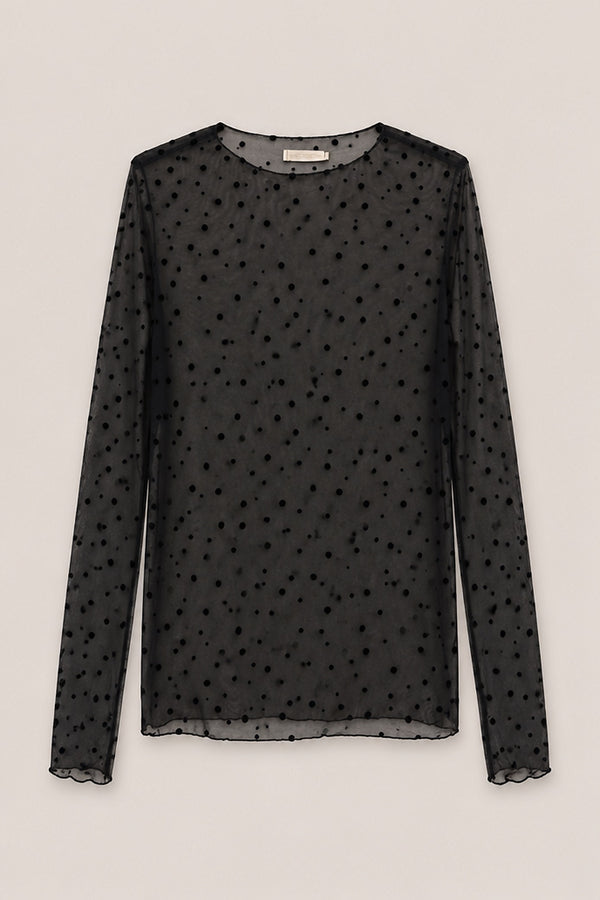 Top transparent à pois floqués noir à plat